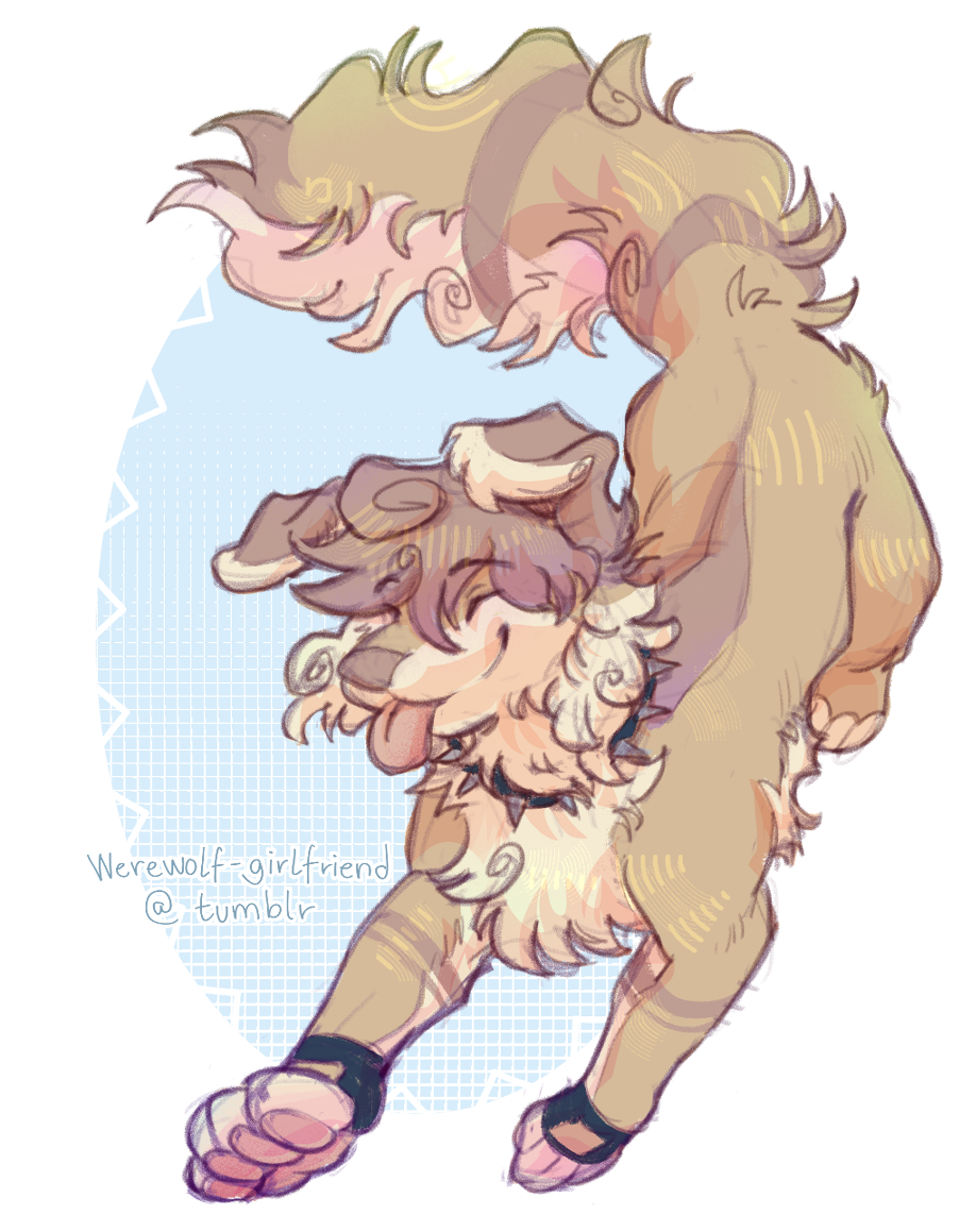 Digital art of a dog character on a light blue oval background. His fluffy coat is several shades of light, creamy browns.